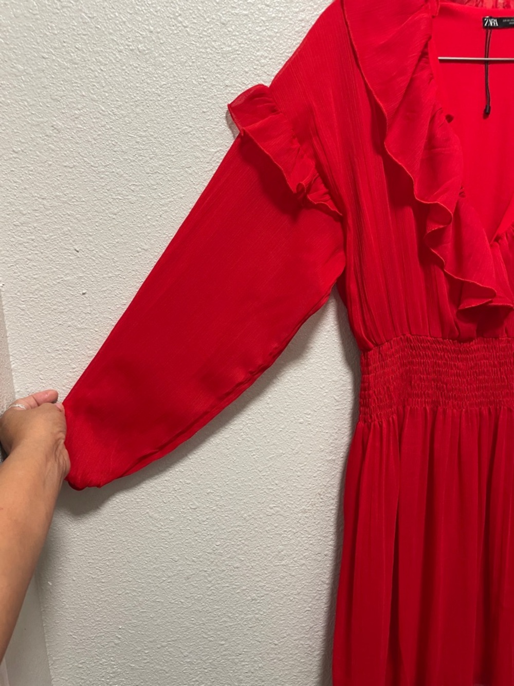 Zara Bright Red Ruffle V-Neck Long Sleeve Dress - Picture 2 of 6
